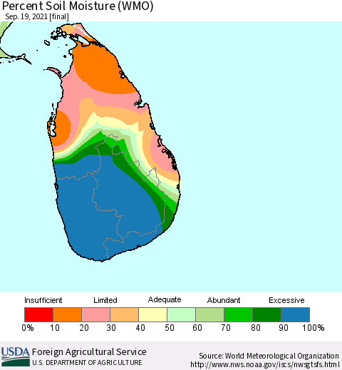 Sri Lanka Percent Soil Moisture (WMO) Thematic Map For 9/13/2021 - 9/19/2021