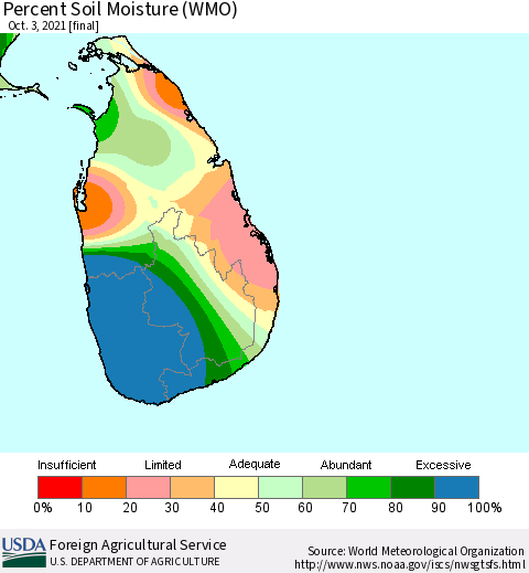 Sri Lanka Percent Soil Moisture (WMO) Thematic Map For 9/27/2021 - 10/3/2021