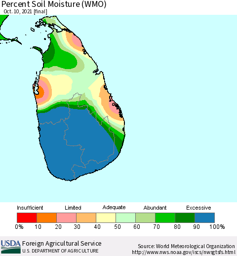 Sri Lanka Percent Soil Moisture (WMO) Thematic Map For 10/4/2021 - 10/10/2021