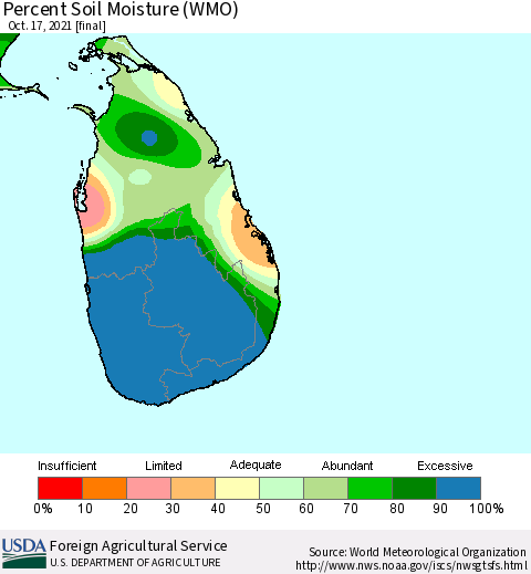 Sri Lanka Percent Soil Moisture (WMO) Thematic Map For 10/11/2021 - 10/17/2021
