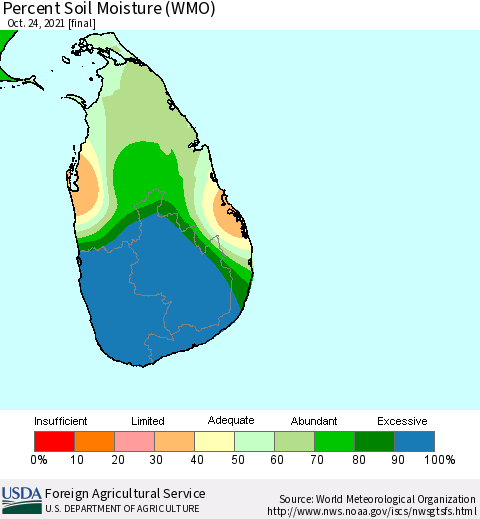 Sri Lanka Percent Soil Moisture (WMO) Thematic Map For 10/18/2021 - 10/24/2021