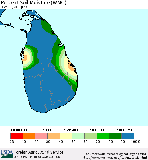 Sri Lanka Percent Soil Moisture (WMO) Thematic Map For 10/25/2021 - 10/31/2021