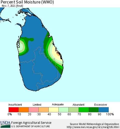 Sri Lanka Percent Soil Moisture (WMO) Thematic Map For 11/1/2021 - 11/7/2021