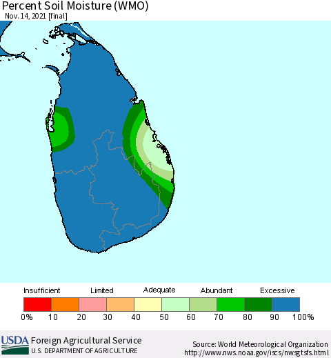 Sri Lanka Percent Soil Moisture (WMO) Thematic Map For 11/8/2021 - 11/14/2021