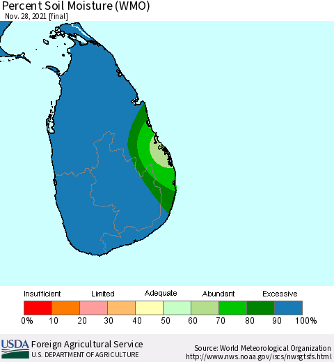 Sri Lanka Percent Soil Moisture (WMO) Thematic Map For 11/22/2021 - 11/28/2021