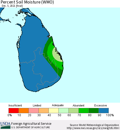 Sri Lanka Percent Soil Moisture (WMO) Thematic Map For 11/29/2021 - 12/5/2021