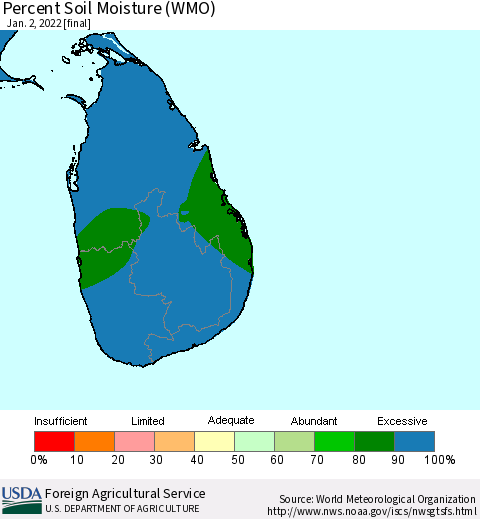 Sri Lanka Percent Soil Moisture (WMO) Thematic Map For 12/27/2021 - 1/2/2022