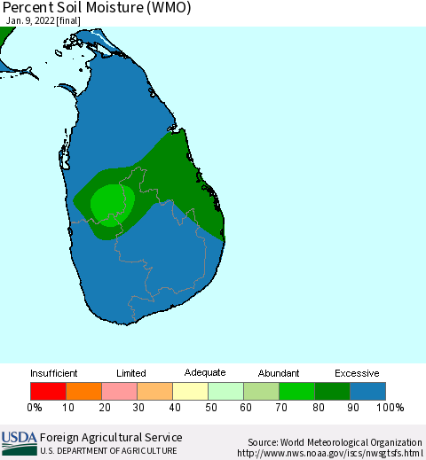 Sri Lanka Percent Soil Moisture (WMO) Thematic Map For 1/3/2022 - 1/9/2022
