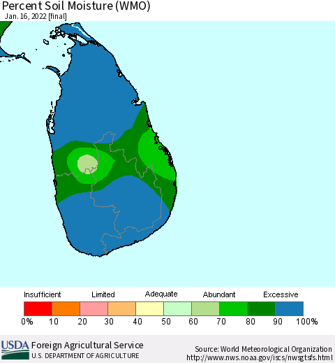 Sri Lanka Percent Soil Moisture (WMO) Thematic Map For 1/10/2022 - 1/16/2022