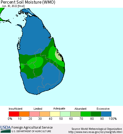 Sri Lanka Percent Soil Moisture (WMO) Thematic Map For 1/24/2022 - 1/30/2022
