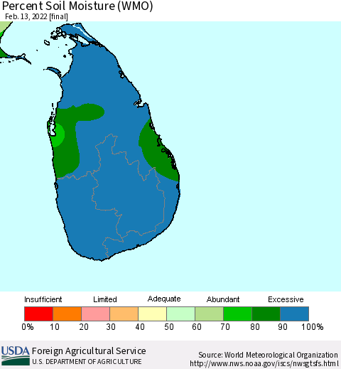 Sri Lanka Percent Soil Moisture (WMO) Thematic Map For 2/7/2022 - 2/13/2022