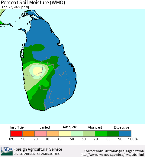 Sri Lanka Percent Soil Moisture (WMO) Thematic Map For 2/21/2022 - 2/27/2022