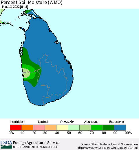 Sri Lanka Percent Soil Moisture (WMO) Thematic Map For 3/7/2022 - 3/13/2022
