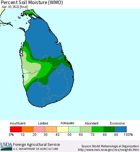 Sri Lanka Percent Soil Moisture (WMO) Thematic Map For 4/4/2022 - 4/10/2022