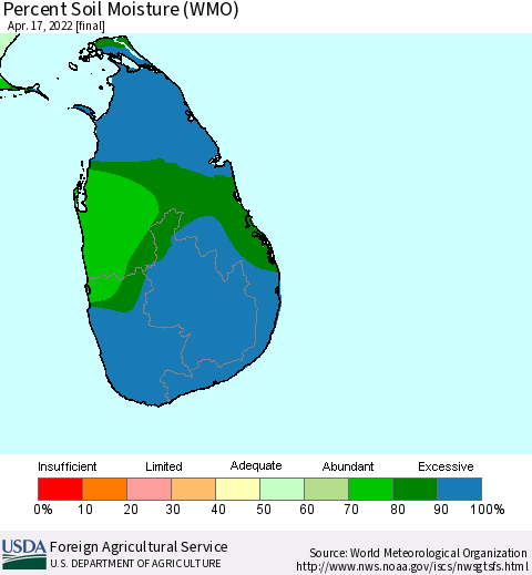 Sri Lanka Percent Soil Moisture (WMO) Thematic Map For 4/11/2022 - 4/17/2022