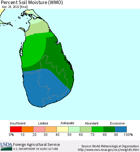 Sri Lanka Percent Soil Moisture (WMO) Thematic Map For 4/18/2022 - 4/24/2022