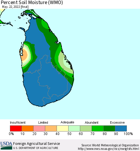 Sri Lanka Percent Soil Moisture (WMO) Thematic Map For 5/16/2022 - 5/22/2022