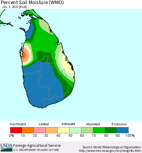 Sri Lanka Percent Soil Moisture (WMO) Thematic Map For 5/30/2022 - 6/5/2022
