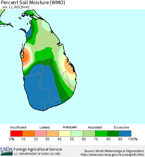 Sri Lanka Percent Soil Moisture (WMO) Thematic Map For 6/6/2022 - 6/12/2022
