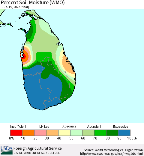 Sri Lanka Percent Soil Moisture (WMO) Thematic Map For 6/13/2022 - 6/19/2022