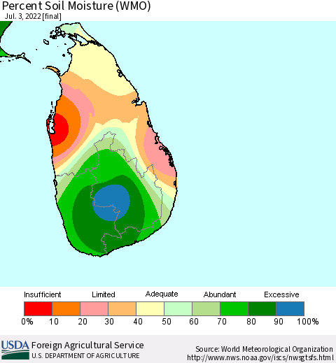 Sri Lanka Percent Soil Moisture (WMO) Thematic Map For 6/27/2022 - 7/3/2022