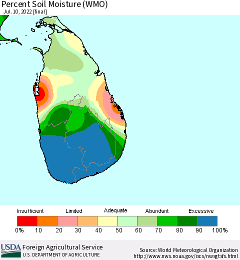 Sri Lanka Percent Soil Moisture (WMO) Thematic Map For 7/4/2022 - 7/10/2022