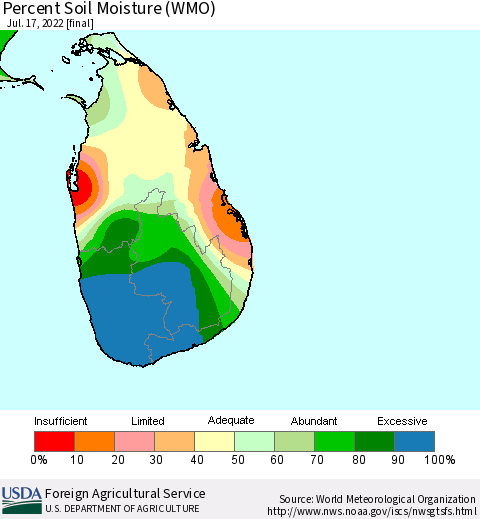 Sri Lanka Percent Soil Moisture (WMO) Thematic Map For 7/11/2022 - 7/17/2022