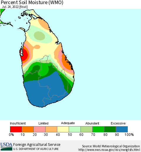Sri Lanka Percent Soil Moisture (WMO) Thematic Map For 7/18/2022 - 7/24/2022