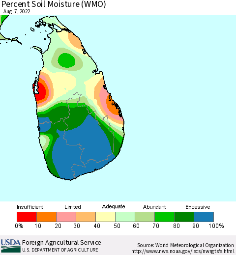 Sri Lanka Percent Soil Moisture (WMO) Thematic Map For 8/1/2022 - 8/7/2022