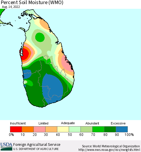 Sri Lanka Percent Soil Moisture (WMO) Thematic Map For 8/8/2022 - 8/14/2022