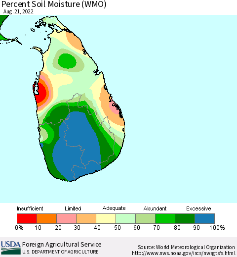 Sri Lanka Percent Soil Moisture (WMO) Thematic Map For 8/15/2022 - 8/21/2022