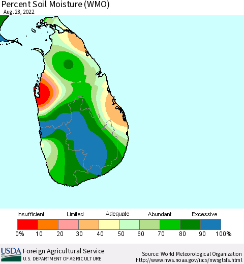 Sri Lanka Percent Soil Moisture (WMO) Thematic Map For 8/22/2022 - 8/28/2022