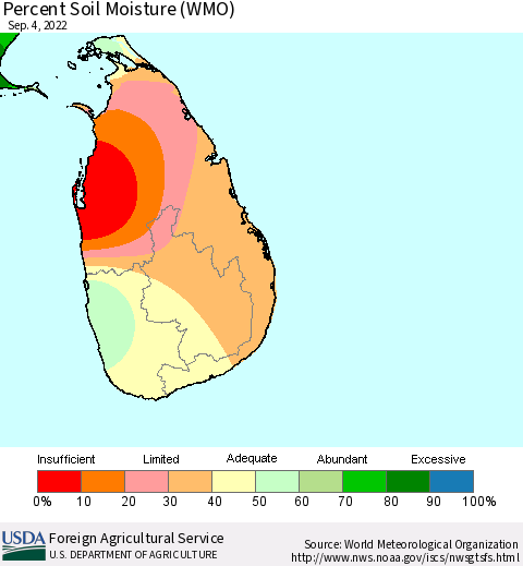 Sri Lanka Percent Soil Moisture (WMO) Thematic Map For 8/29/2022 - 9/4/2022