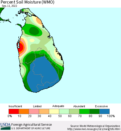 Sri Lanka Percent Soil Moisture (WMO) Thematic Map For 9/5/2022 - 9/11/2022