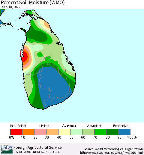 Sri Lanka Percent Soil Moisture (WMO) Thematic Map For 9/12/2022 - 9/18/2022