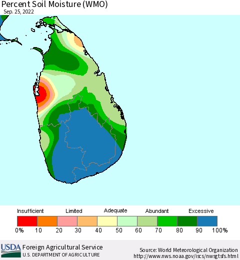 Sri Lanka Percent Soil Moisture (WMO) Thematic Map For 9/19/2022 - 9/25/2022