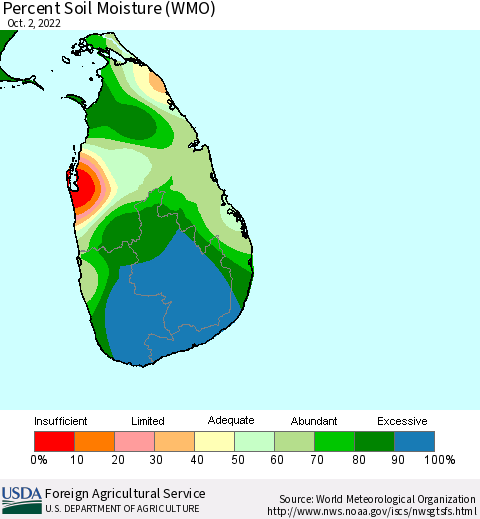 Sri Lanka Percent Soil Moisture (WMO) Thematic Map For 9/26/2022 - 10/2/2022