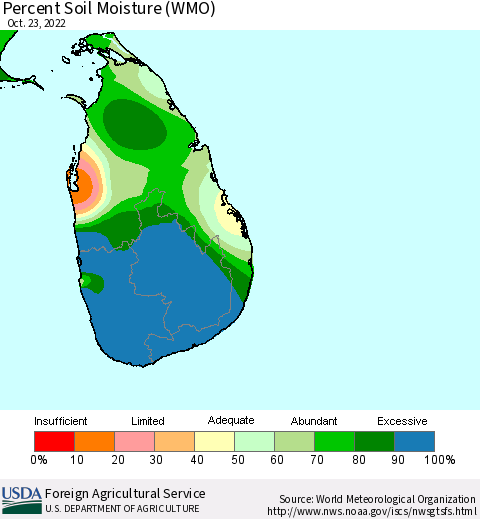 Sri Lanka Percent Soil Moisture (WMO) Thematic Map For 10/17/2022 - 10/23/2022