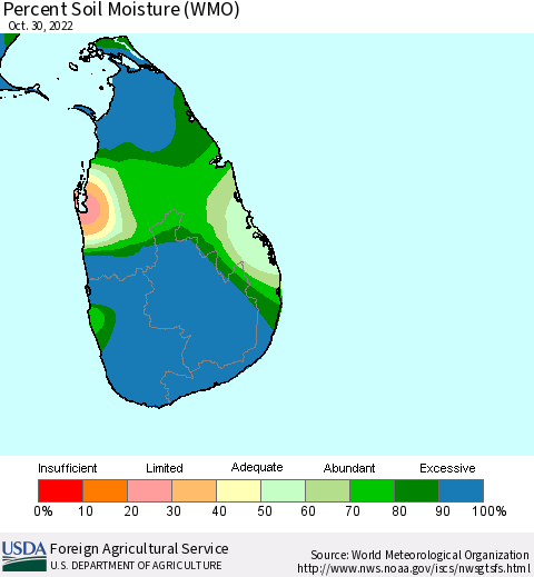 Sri Lanka Percent Soil Moisture (WMO) Thematic Map For 10/24/2022 - 10/30/2022
