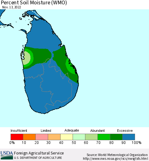 Sri Lanka Percent Soil Moisture (WMO) Thematic Map For 11/7/2022 - 11/13/2022