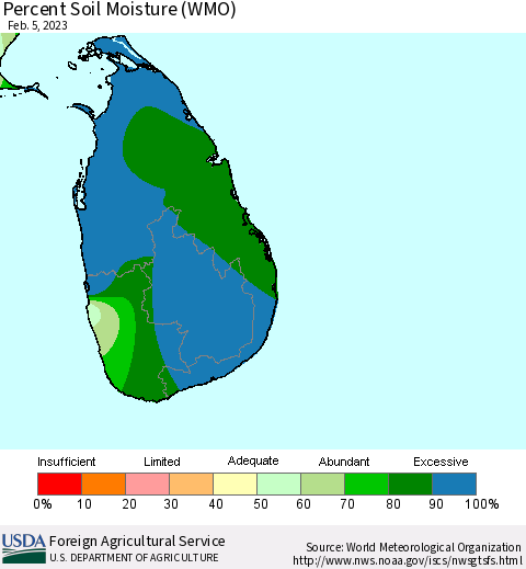Sri Lanka Percent Soil Moisture (WMO) Thematic Map For 1/30/2023 - 2/5/2023