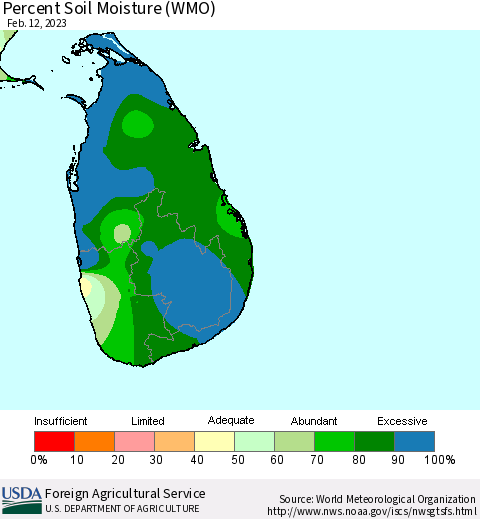 Sri Lanka Percent Soil Moisture (WMO) Thematic Map For 2/6/2023 - 2/12/2023