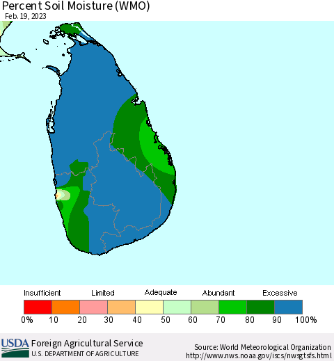 Sri Lanka Percent Soil Moisture (WMO) Thematic Map For 2/13/2023 - 2/19/2023