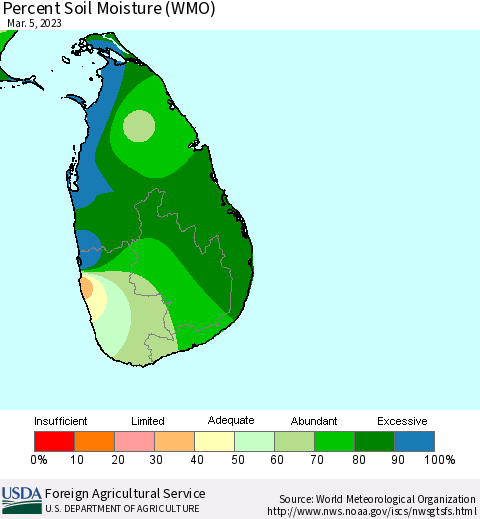 Sri Lanka Percent Soil Moisture (WMO) Thematic Map For 2/27/2023 - 3/5/2023