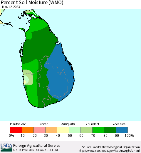 Sri Lanka Percent Soil Moisture (WMO) Thematic Map For 3/6/2023 - 3/12/2023