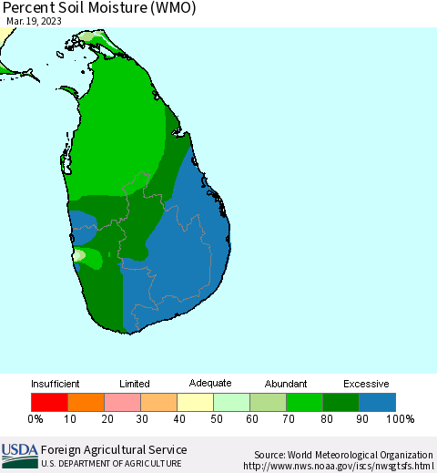 Sri Lanka Percent Soil Moisture (WMO) Thematic Map For 3/13/2023 - 3/19/2023