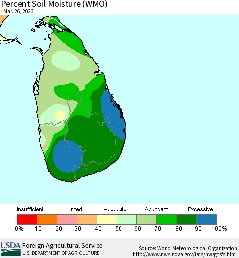 Sri Lanka Percent Soil Moisture (WMO) Thematic Map For 3/20/2023 - 3/26/2023