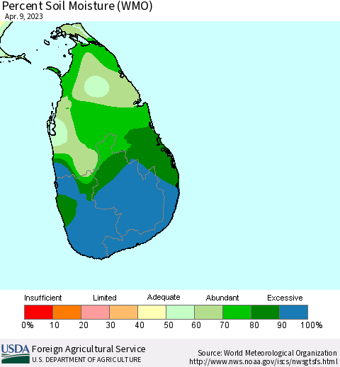 Sri Lanka Percent Soil Moisture (WMO) Thematic Map For 4/3/2023 - 4/9/2023