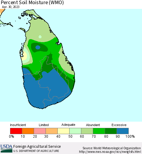 Sri Lanka Percent Soil Moisture (WMO) Thematic Map For 4/24/2023 - 4/30/2023