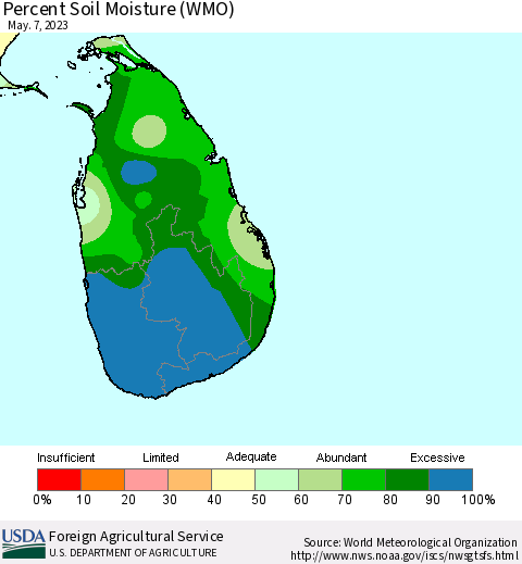 Sri Lanka Percent Soil Moisture (WMO) Thematic Map For 5/1/2023 - 5/7/2023